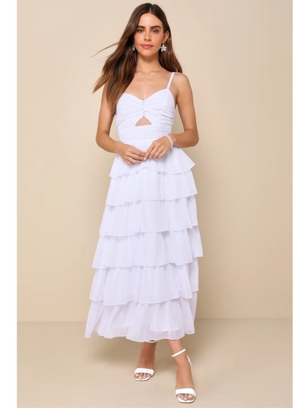 NWOT Lulu’s Poised Impression White Tiered Ruffled Cutout Midi Dress Large Party